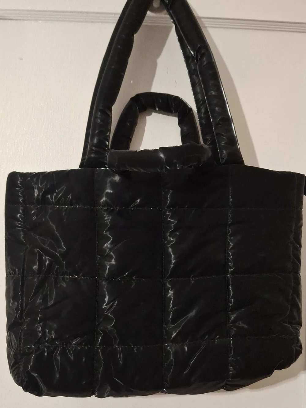 Black Quilted Tote Bag - Women's Puffer Shoulder Bag